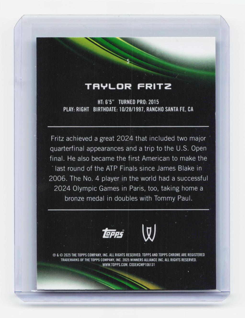 2025 Topps Chrome #5 Taylor Fritz Aqua Refractor #/199