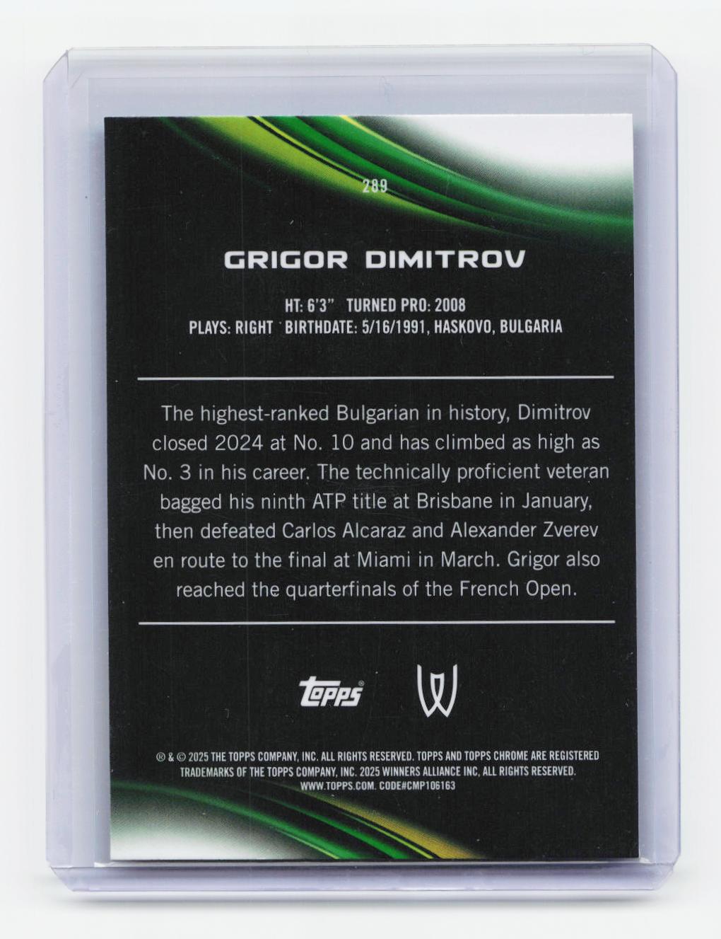 2025 Topps Chrome #289 Grigor Dimitrov Aqua Refractor #/199