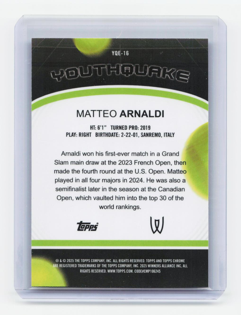 2025 Topps Chrome #YQE-16 Matteo Arnaldi Youthquake