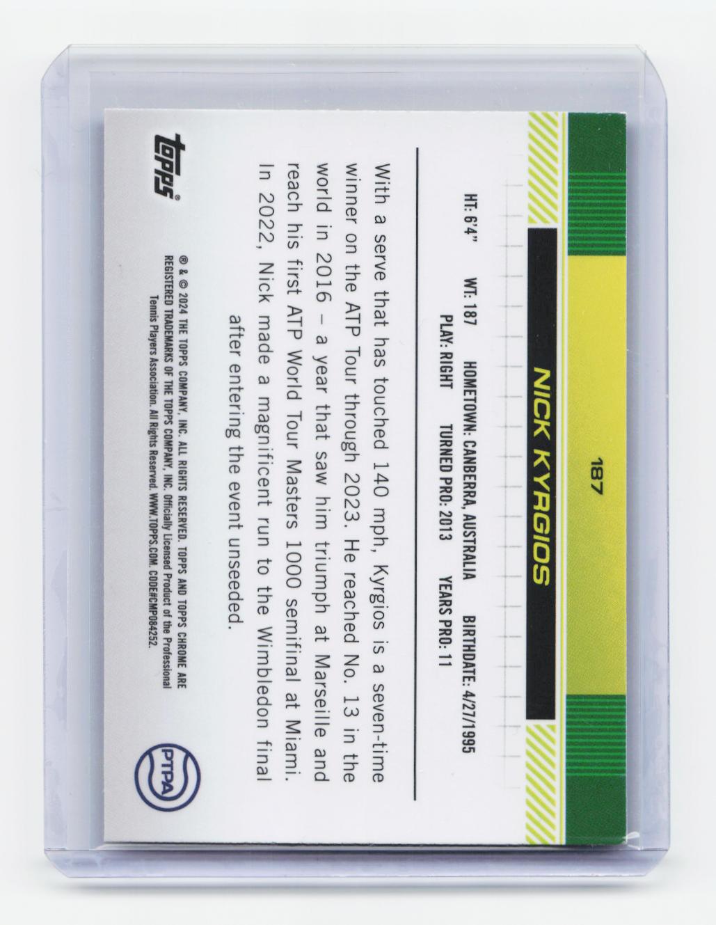 2024 Topps Chrome #187 Nick Kyrgios Purple Refractor #/499