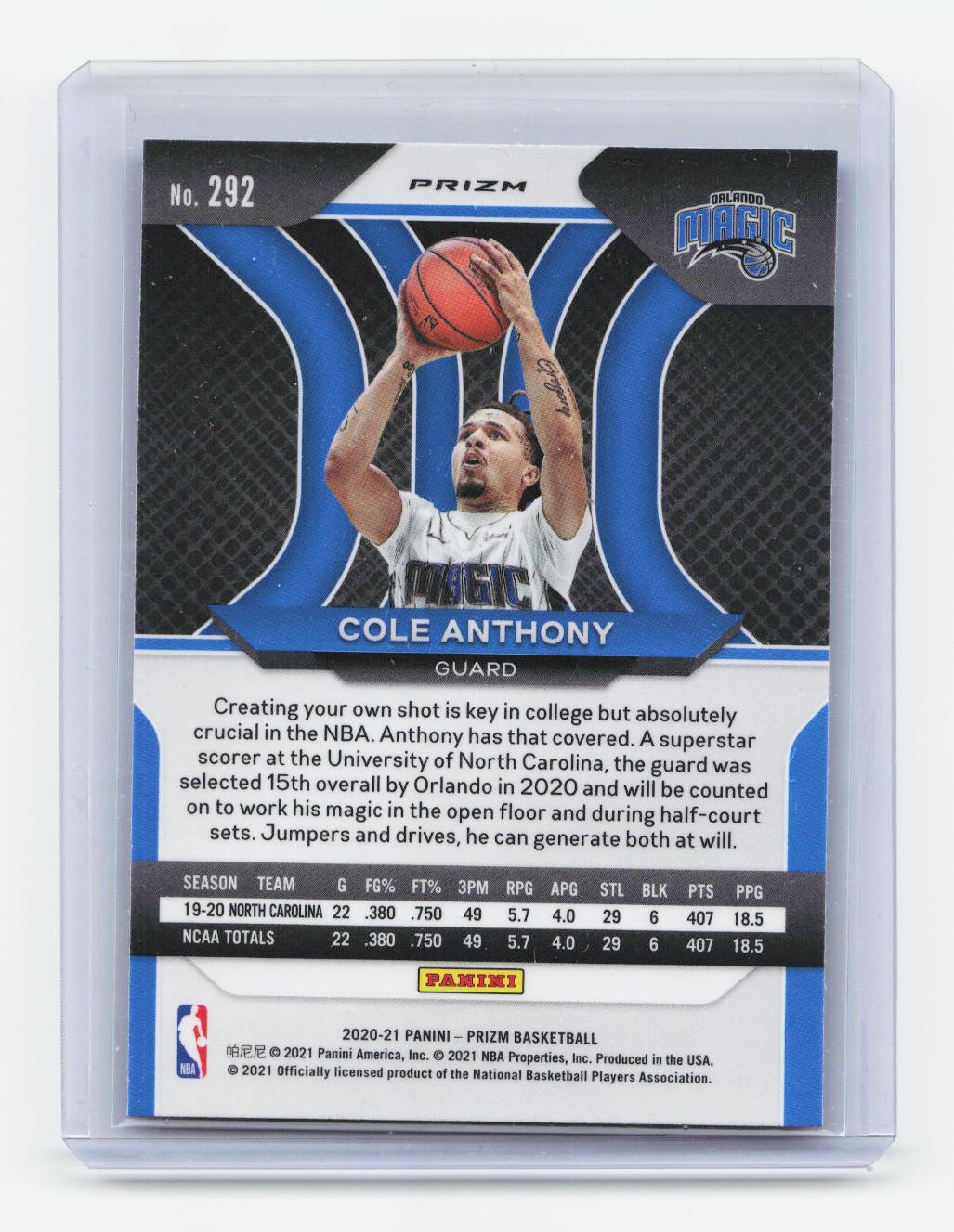 2020-21 Panini Prizm #292 Cole Anthony Red, White and Blue Prizms