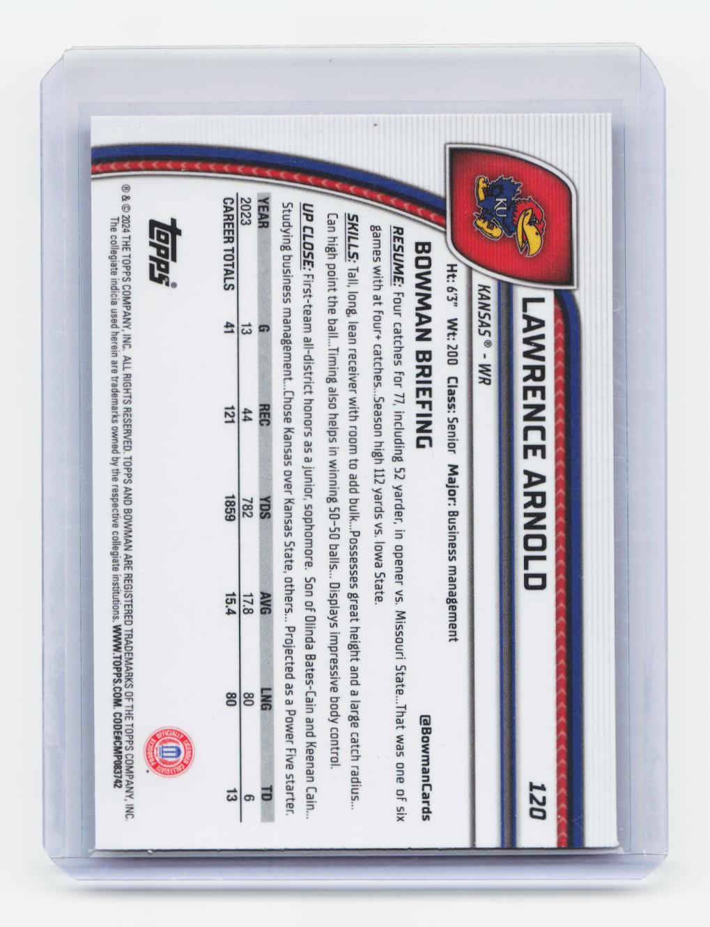 2024 Bowman University Chrome #120 Lawrence Arnold Pink Lava Refractor