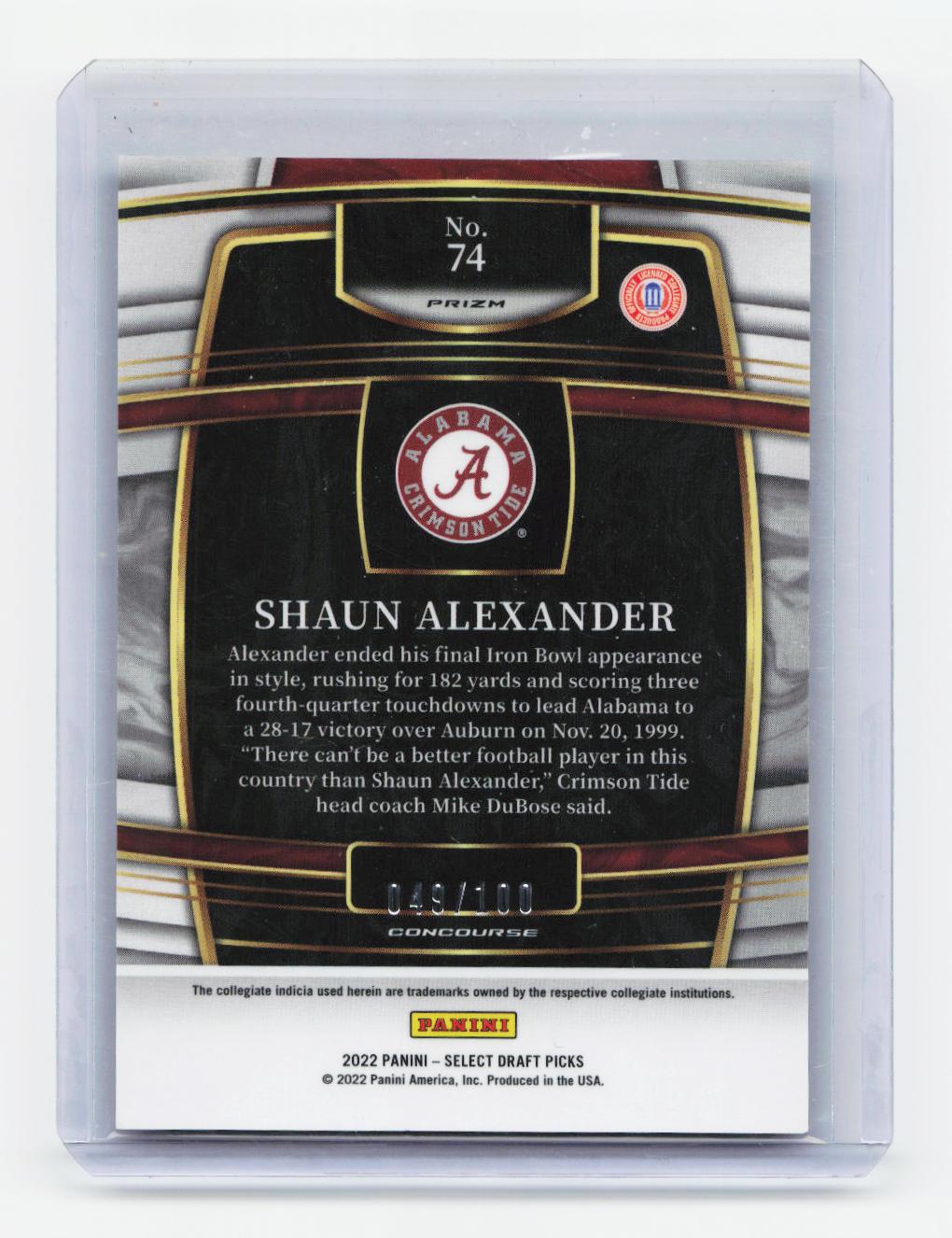 2022 Panini Select Draft Picks #74 Shaun Alexander Green and Purple Squares /100