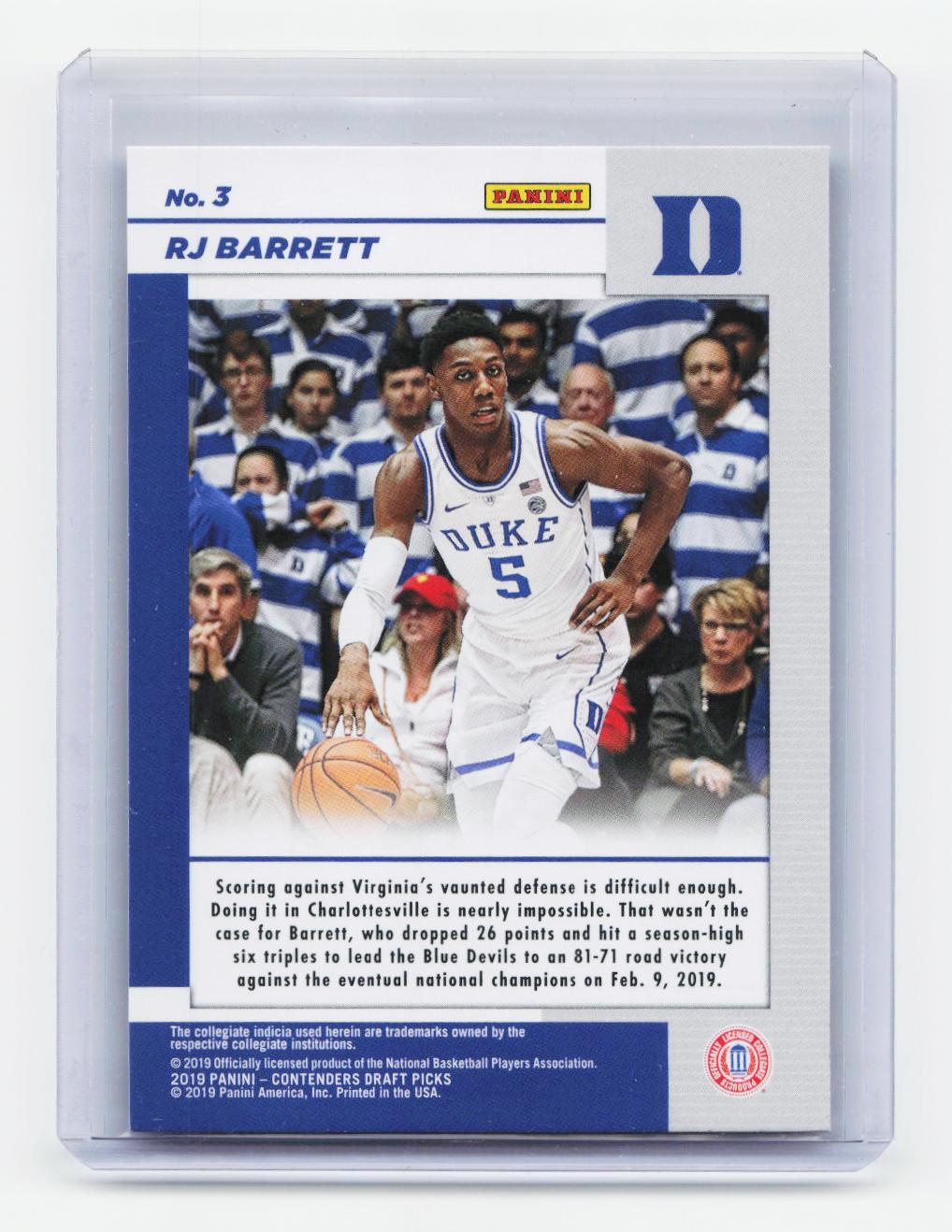 2019 Panini Contenders Draft Picks #3 RJ Barrett Game Day Ticket