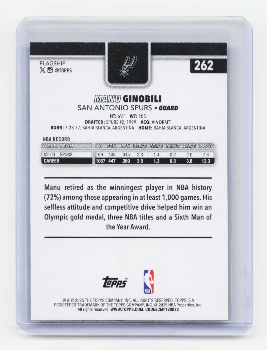 2025-26 Topps #262 Manu Ginobili Purple Holo Foil #/250