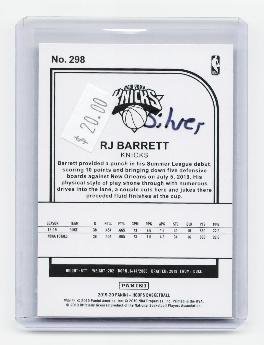 2019-20 Hoops #298 RJ Barrett