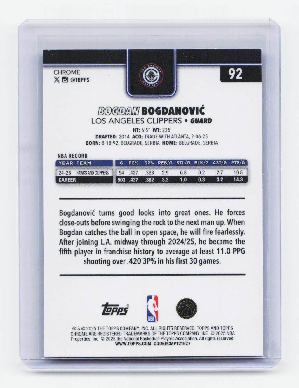 2025-26 Topps Chrome #92 Bogdan Bogdanović Blue Refractor #/150