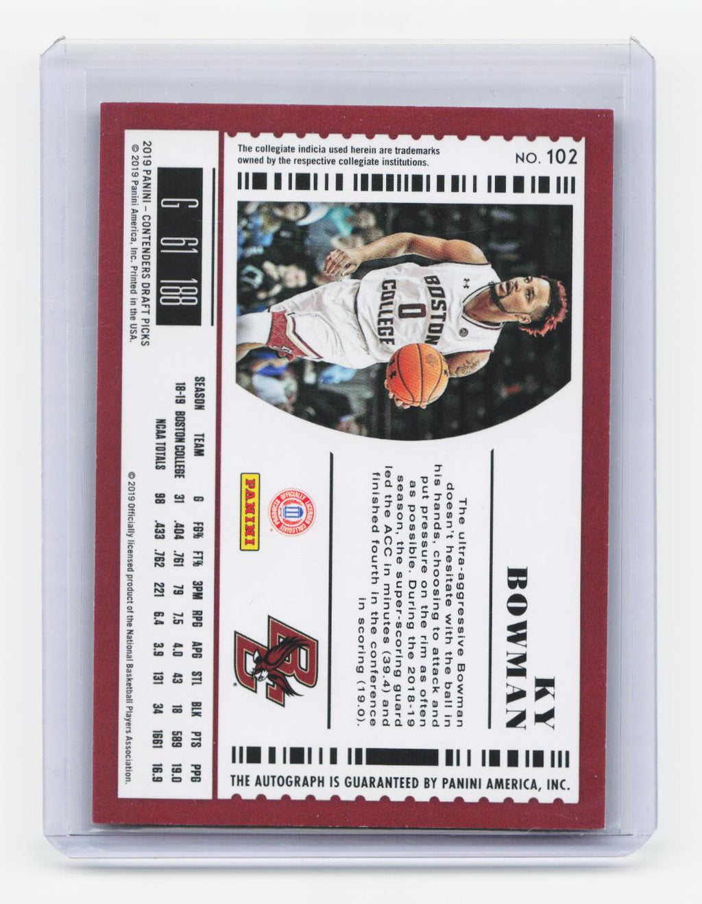 2019 Panini Contenders Draft Picks #102 Ky Bowman Draft Ticket Red Foil