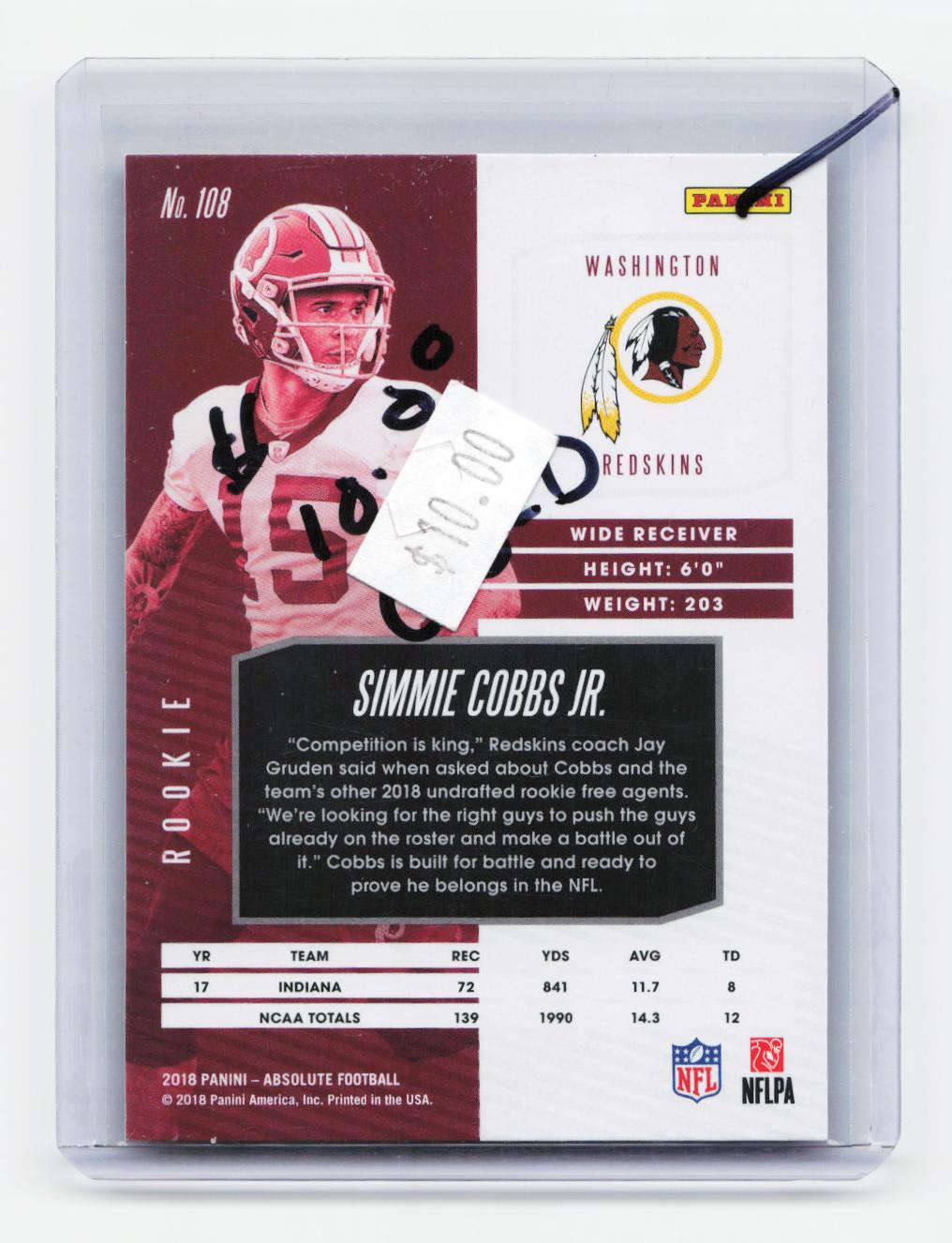 2018 Panini Absolute #108 Simmie Cobbs Jr. Spectrum Blue