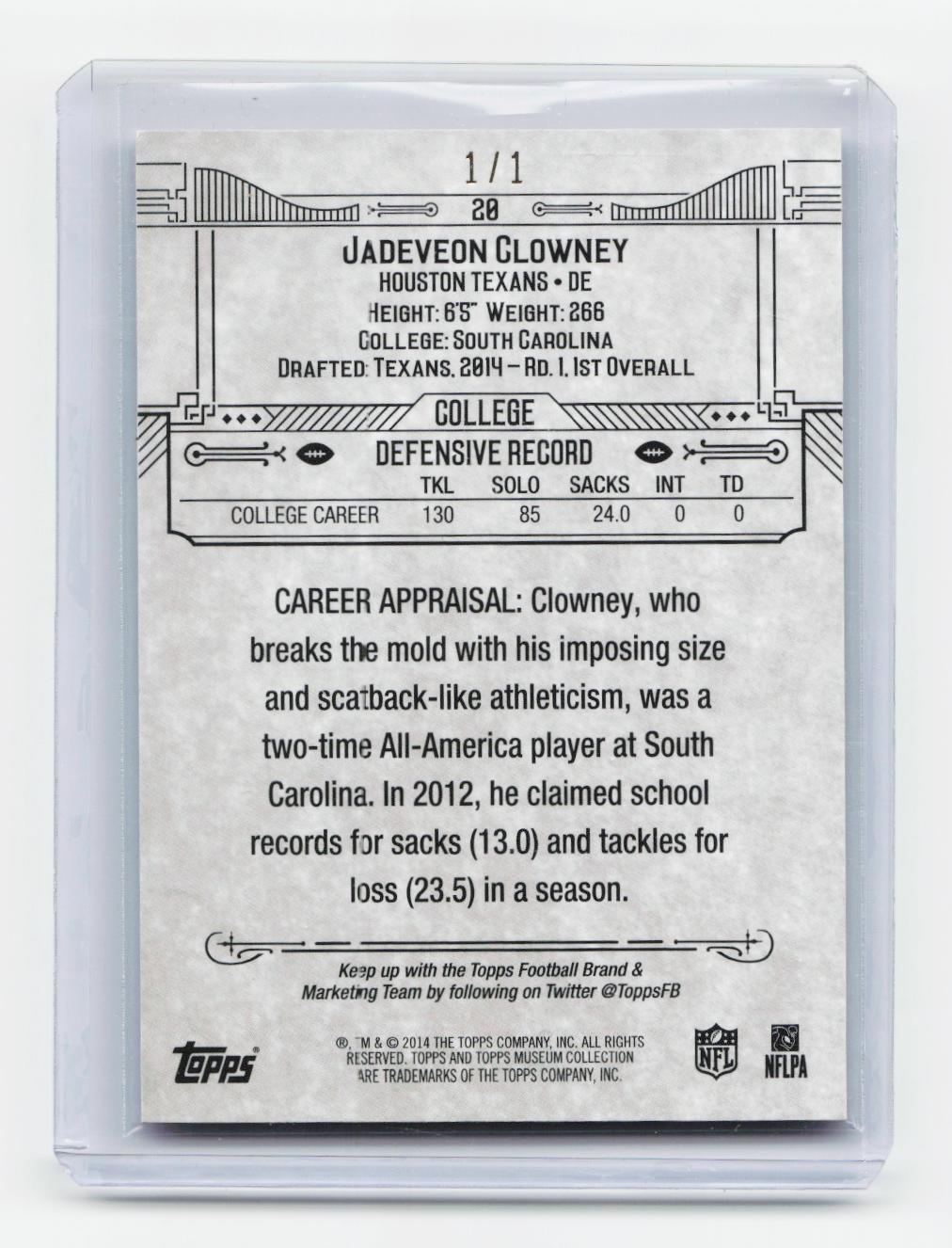 2014 Topps Museum Collection #20 Jadeveon Clowney Emerald 1/1