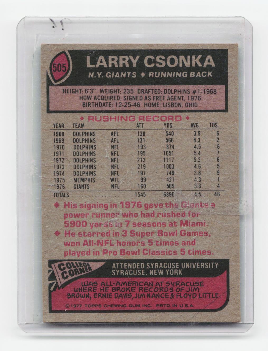 1977 Topps #505 Larry Csonka