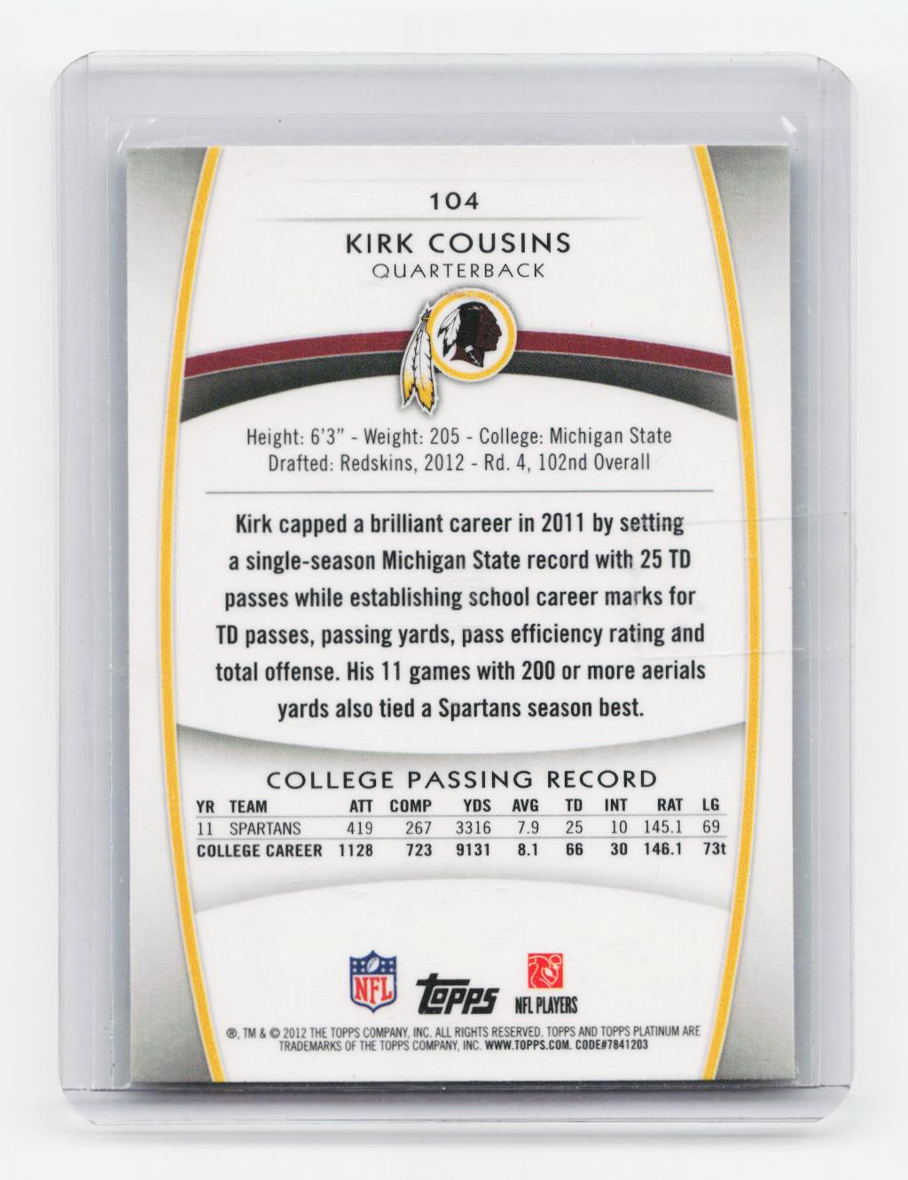 2012 Topps Platinum #104 Kirk Cousins Orange Refractors