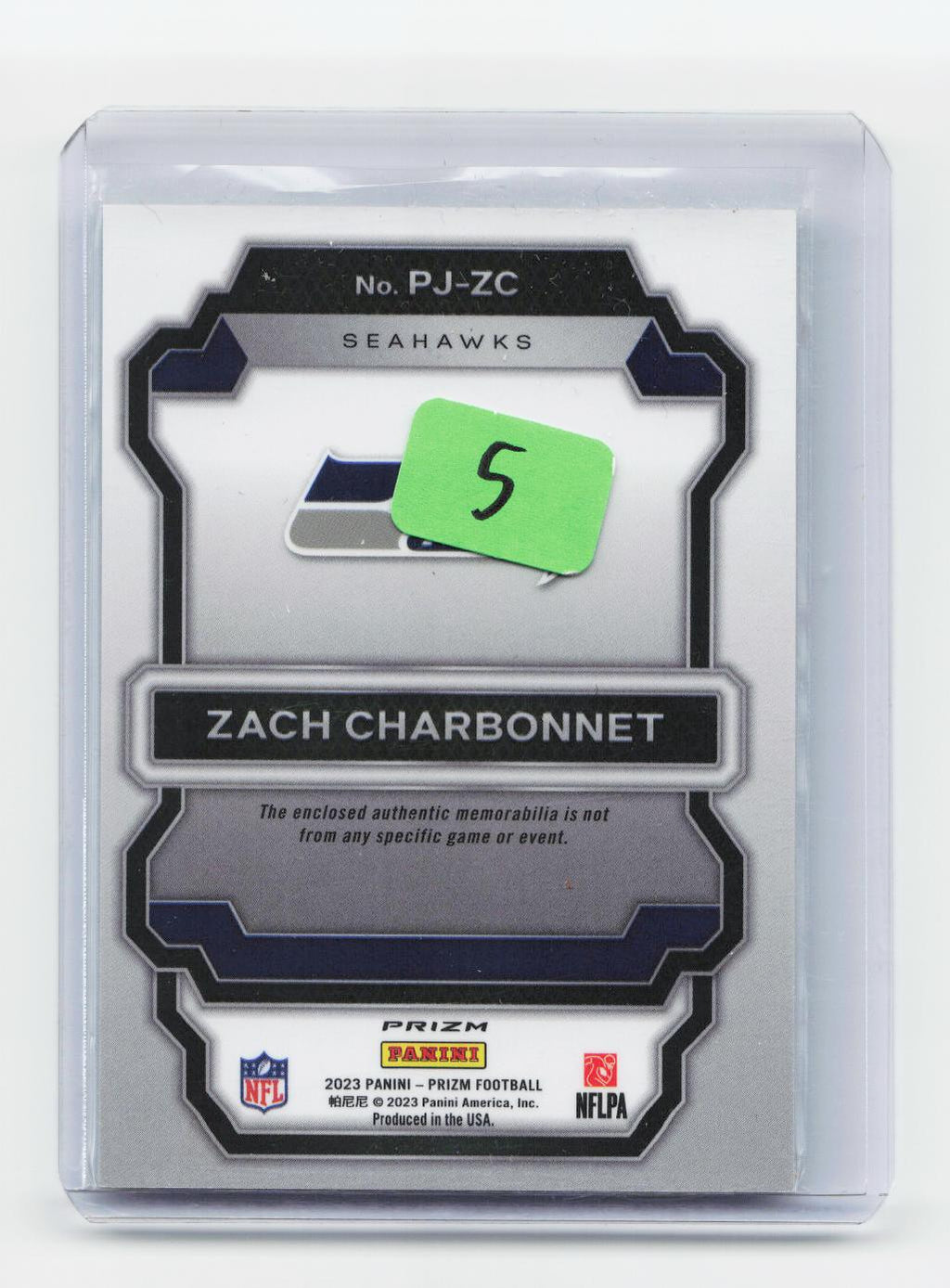 2023 Panini Prizm #PJ-ZC Zach Charbonnet Premier Jerseys Neon Green Pulsar