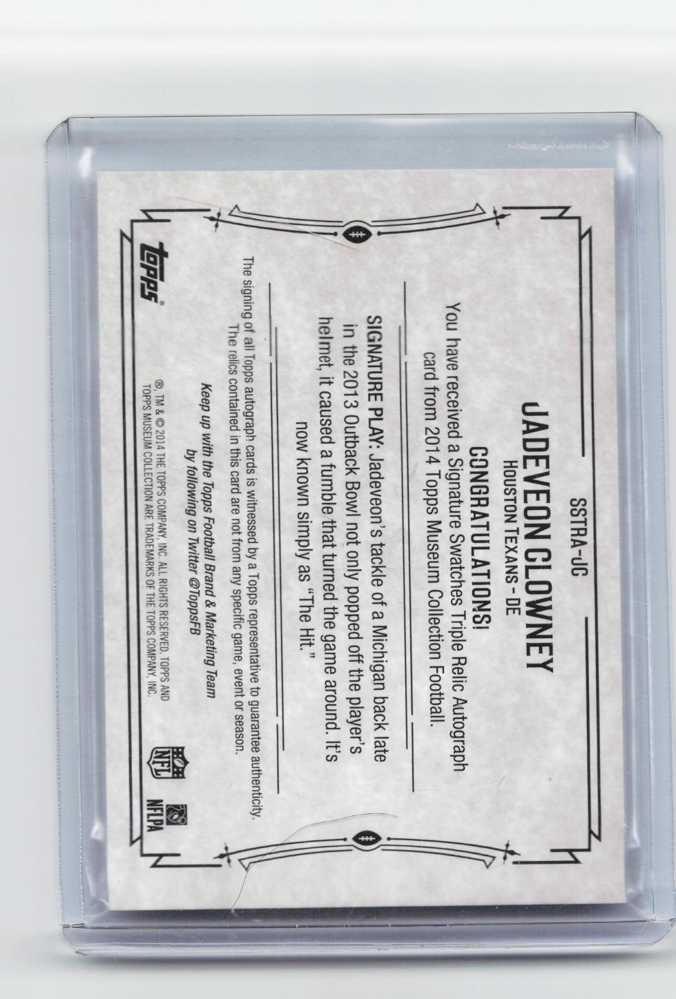 2014 Topps Museum #SSTRA-JC Jadeveon Clowney Signatures Swatches Triple Auto /25