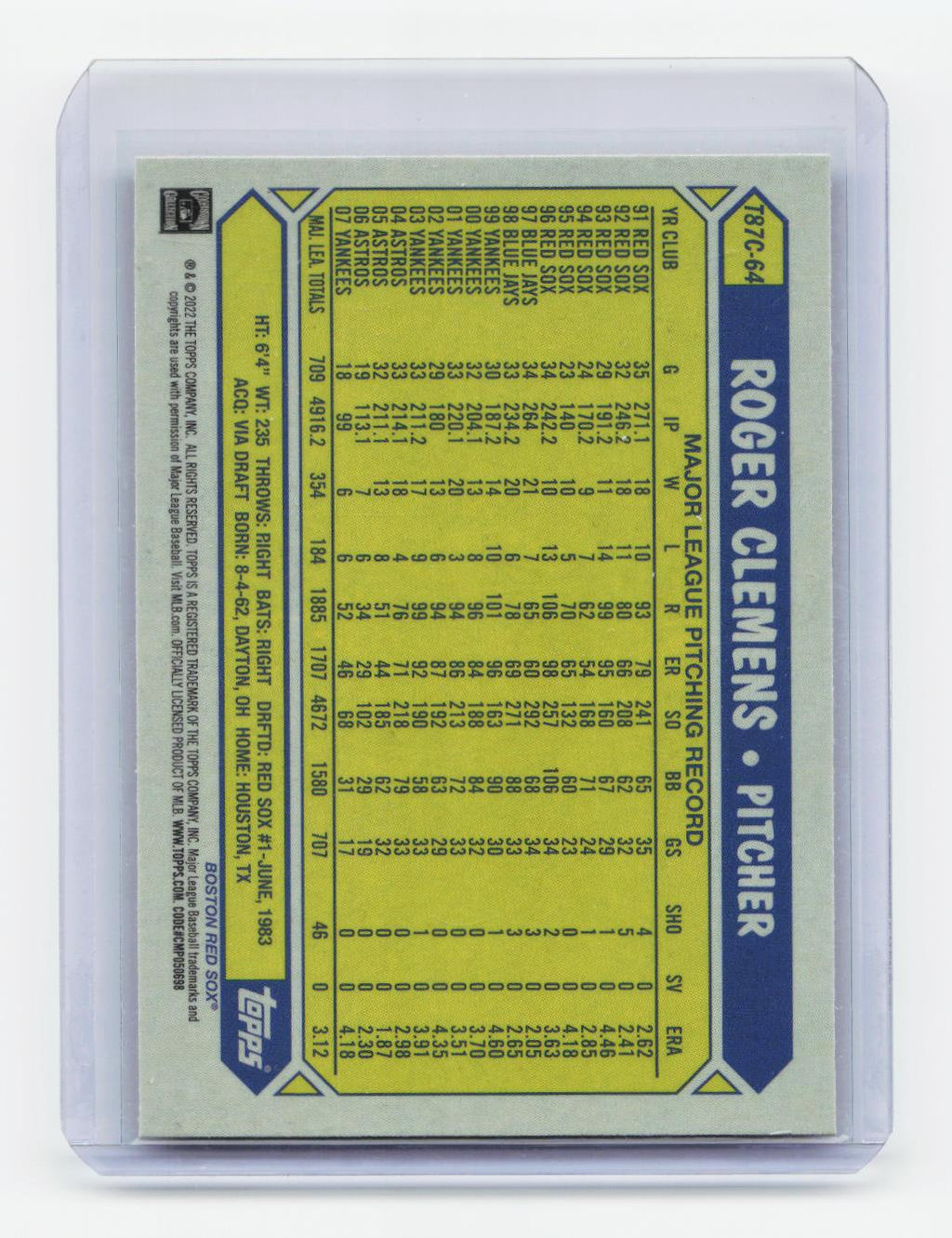 2022 Topps #T87C-64 Roger Clemens 1987 35th Anniversary Chrome (Series One)