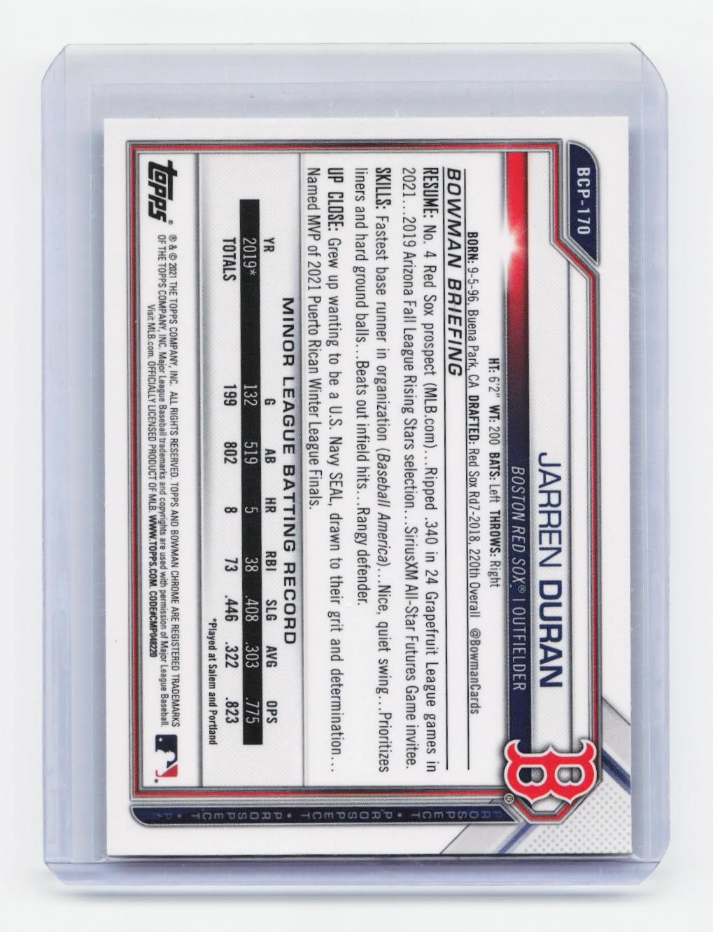 2021 Bowman Chrome #BCP-170 Jarren Duran Prospects Mojo Refractor