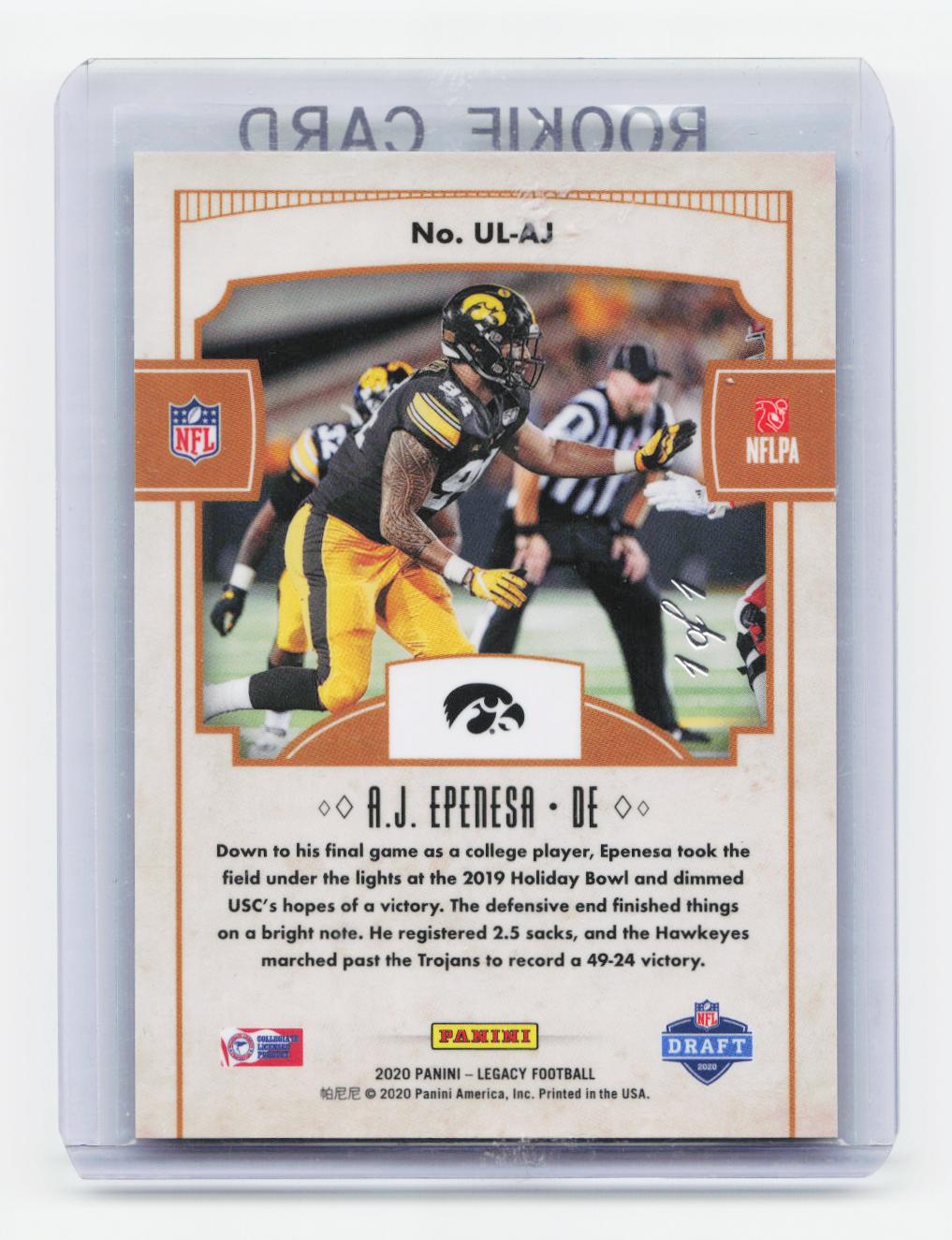 2020 Panini Legacy #UL-AJ A.J. Epenesa Under the Lights Platinum 1/1 ONE OF ONE