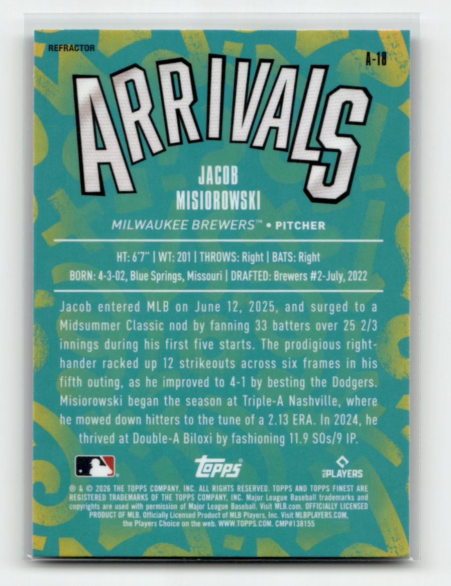 2026 Finest #A-18 Jacob Misiorowski Arrivals Refractors