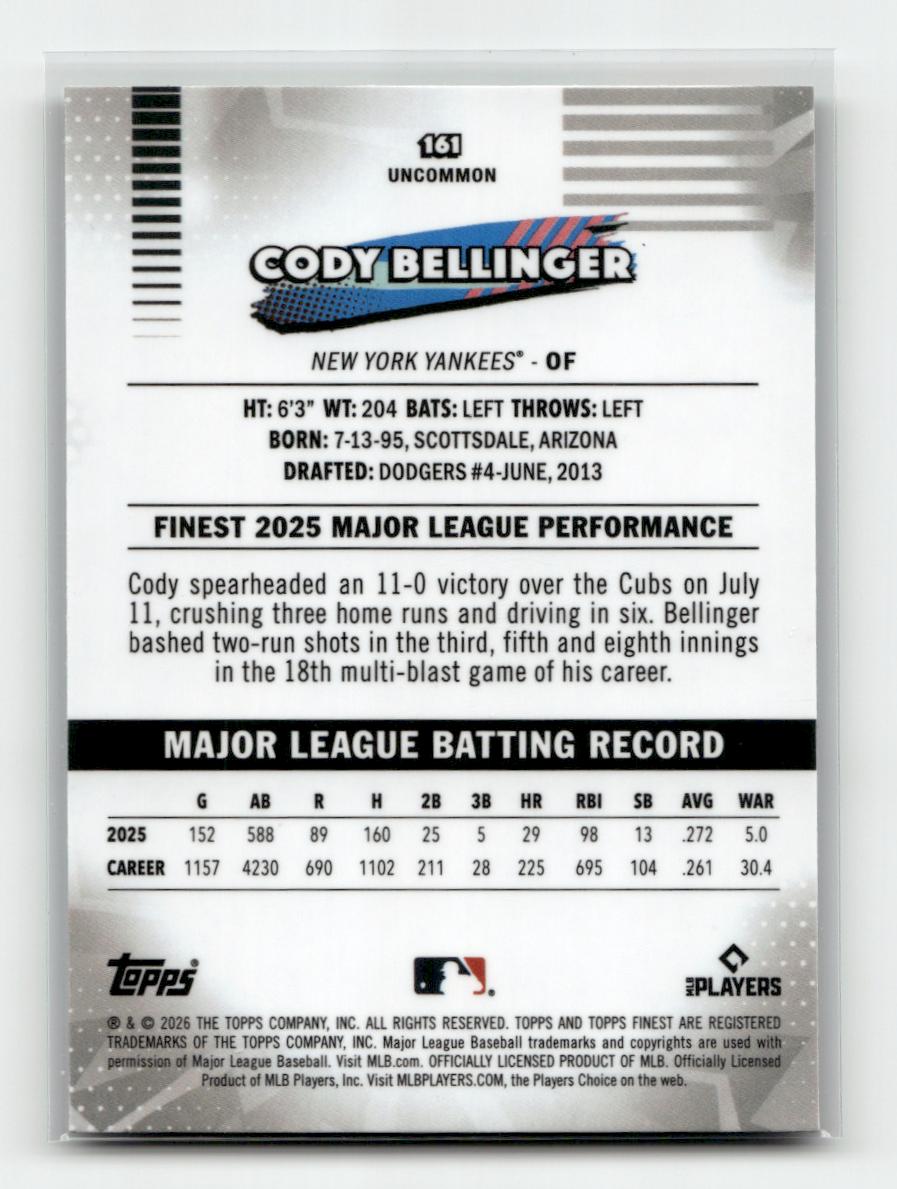 2026 Finest #161 Cody Bellinger Aqua Refractors #/199