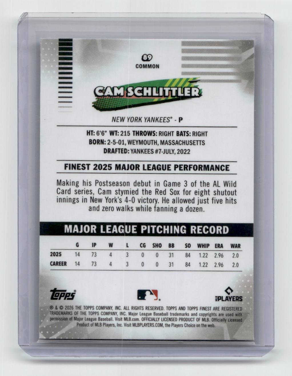 2026 Finest #89 Cam Schlittler Mini-Diamond Refractors
