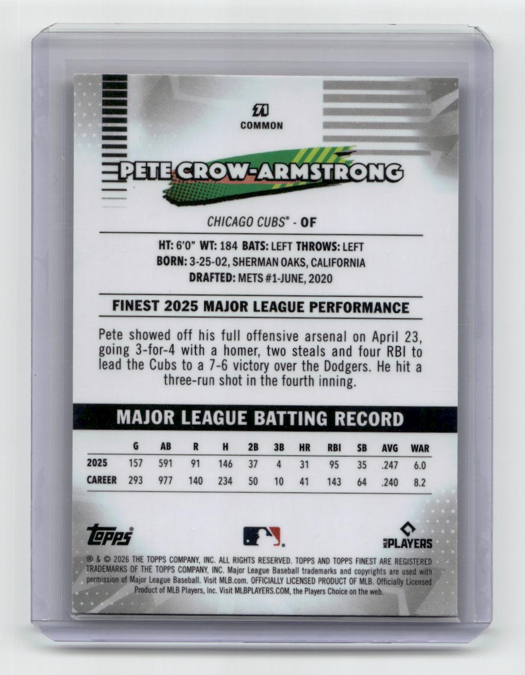 2026 Finest #71 Pete Crow-Armstrong Pink Mini-Diamond Refractors #/250