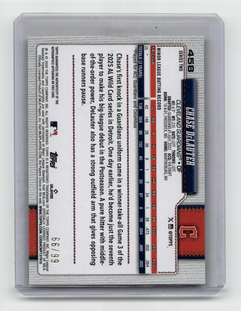 2026 Topps #458 Chase DeLauter Flagship Real One Autographs Green Foil #/99