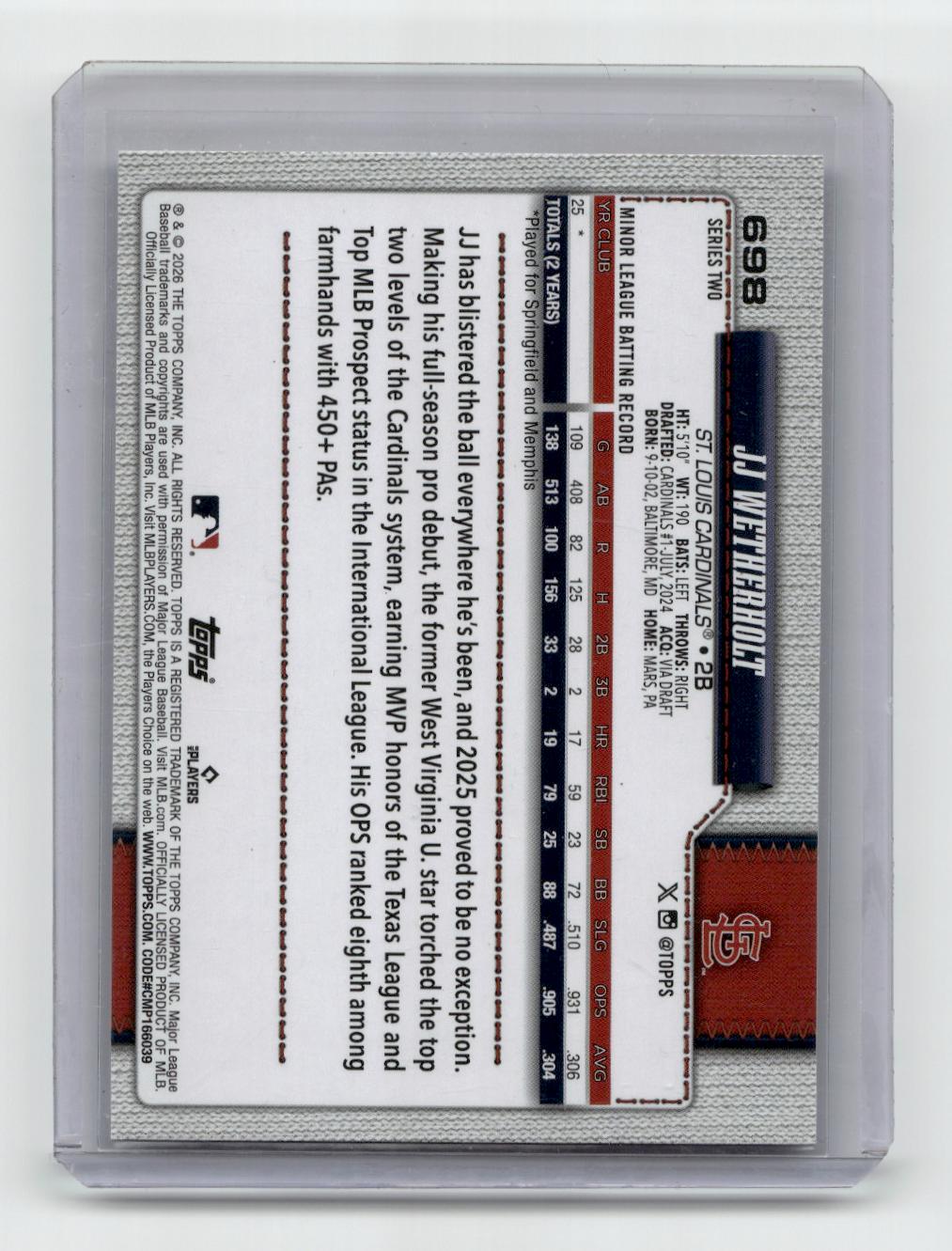 2026 Topps #698b JJ Wetherholt SSP CASE HIT - ROOKIE OF THE YEAR RC CARDINALS