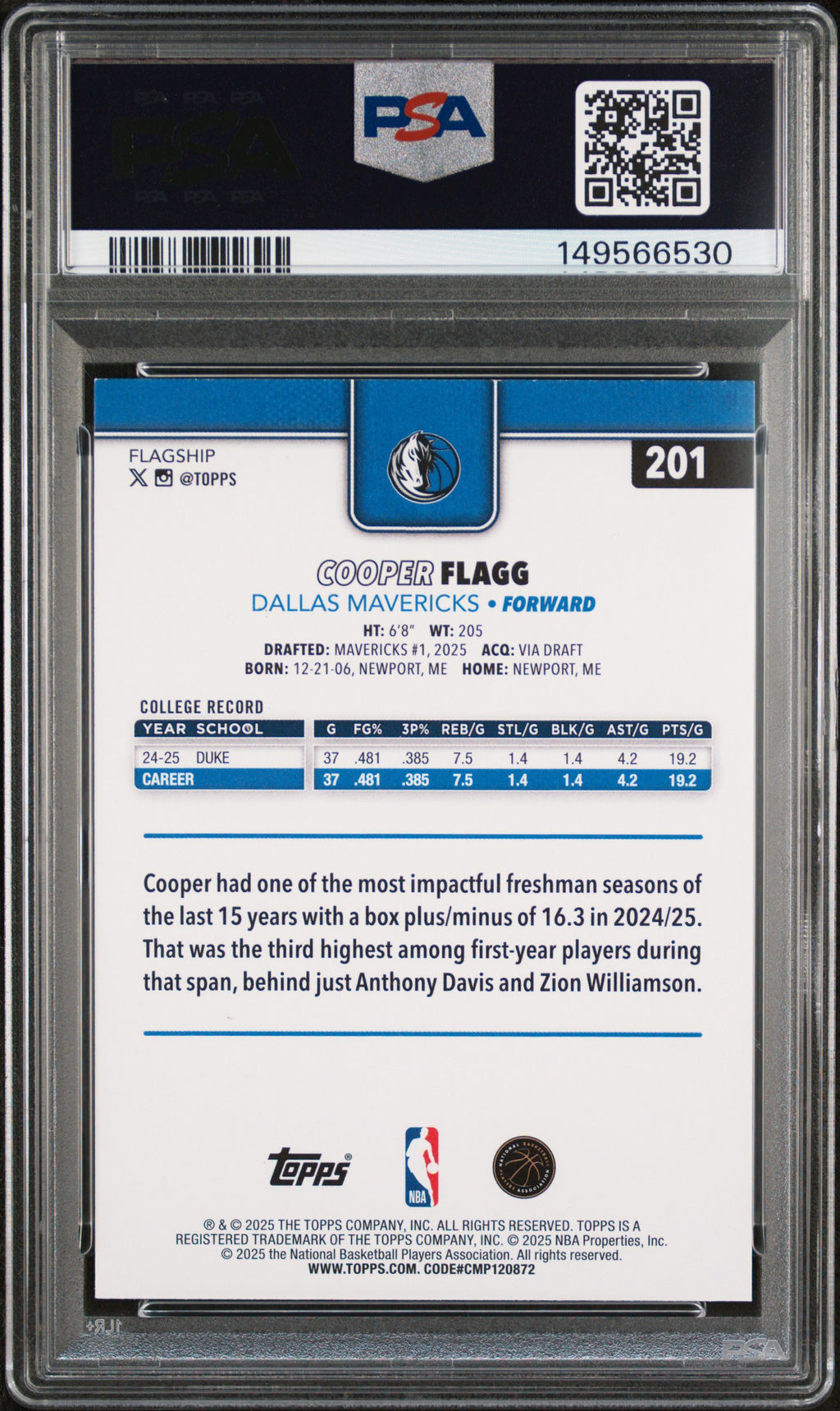 2025 Topps #201 Cooper Flagg PSA 7