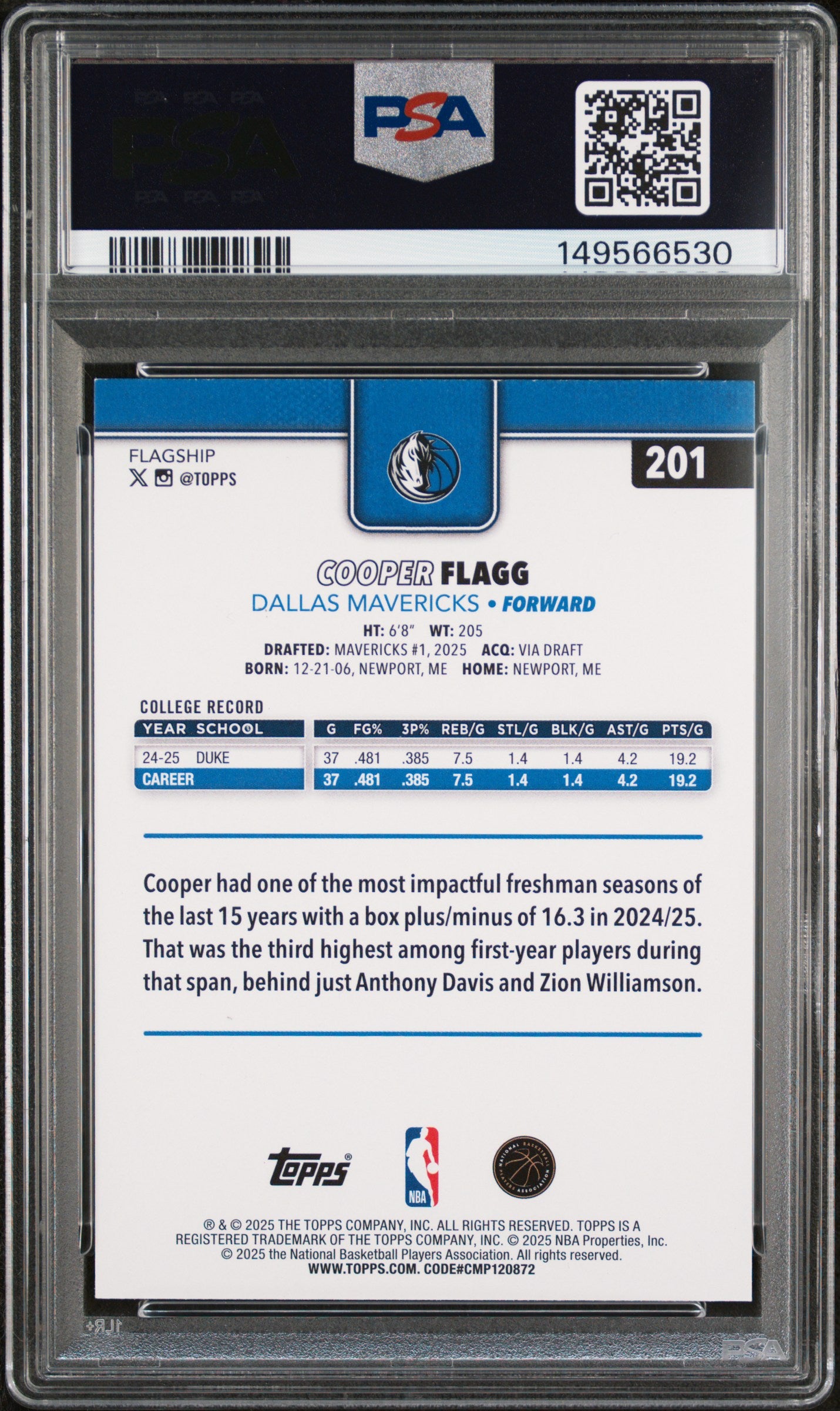 2025 Topps #201 Cooper Flagg PSA 7