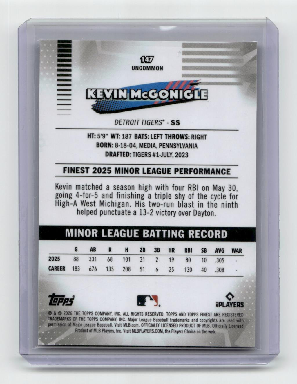 2026 Finest #147 Kevin McGonigle Gold Refractors #/50