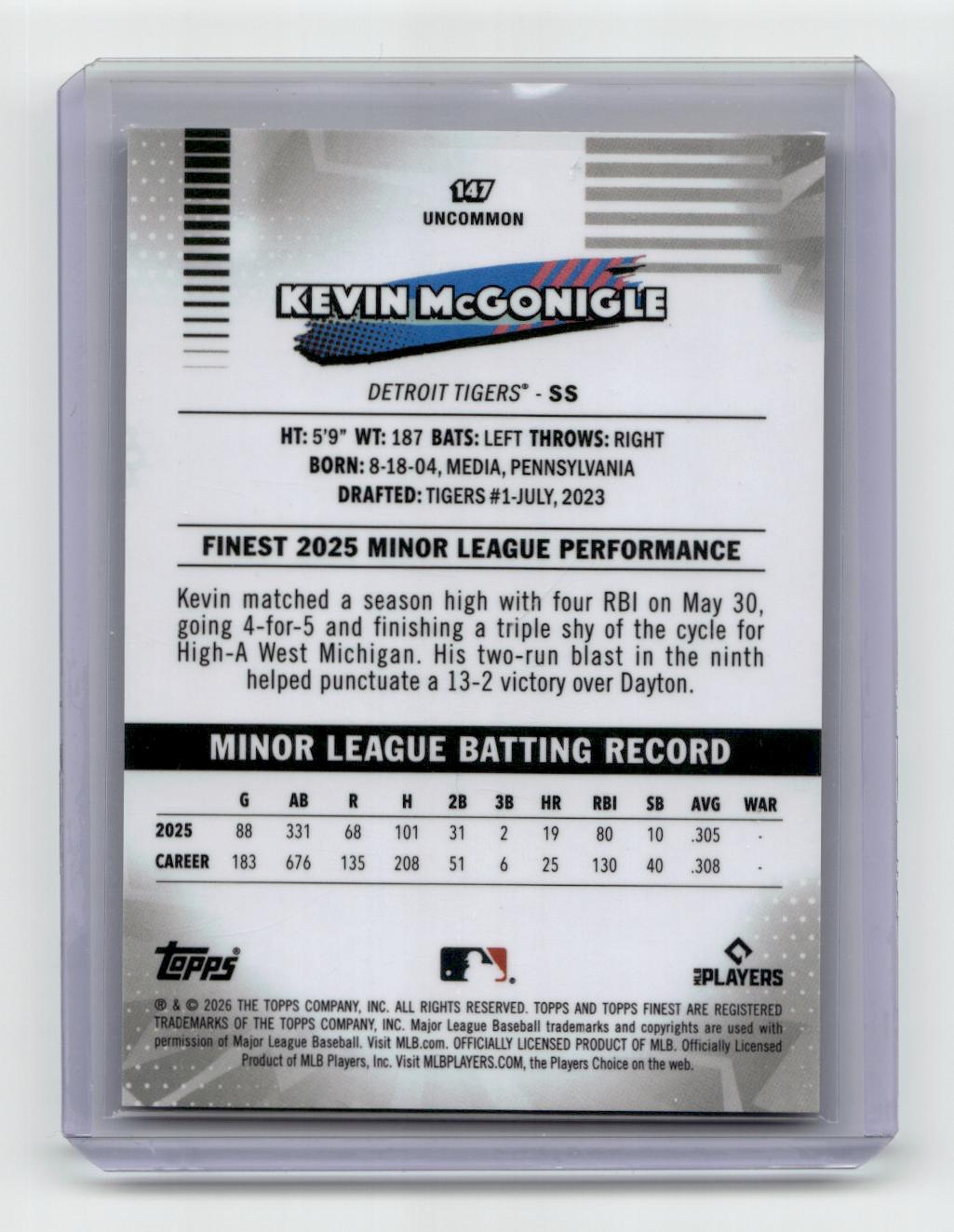 2026 Finest #147 Kevin McGonigle Gold Refractors #/50
