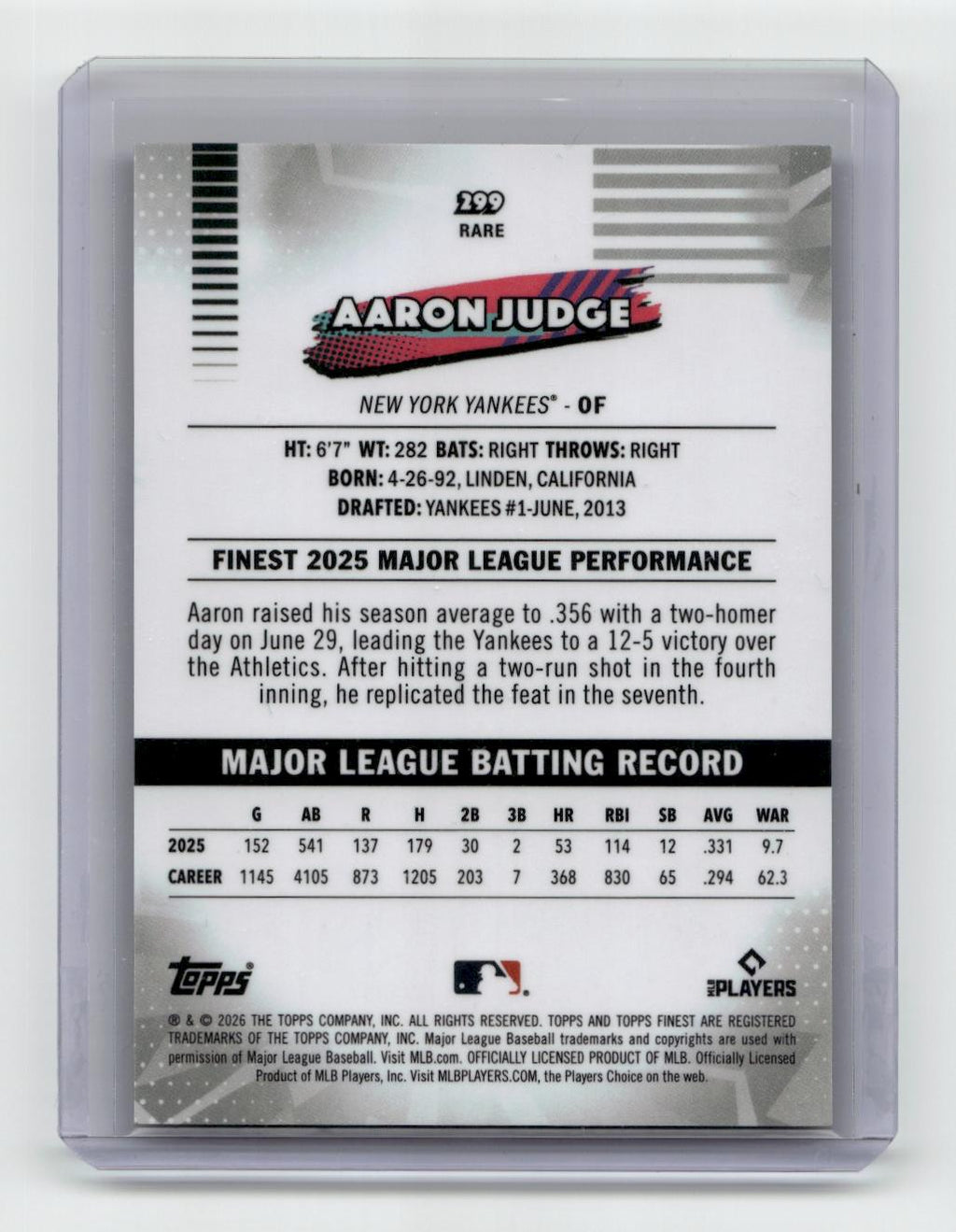 2026 Finest #299 Aaron Judge Black Refractors #/10
