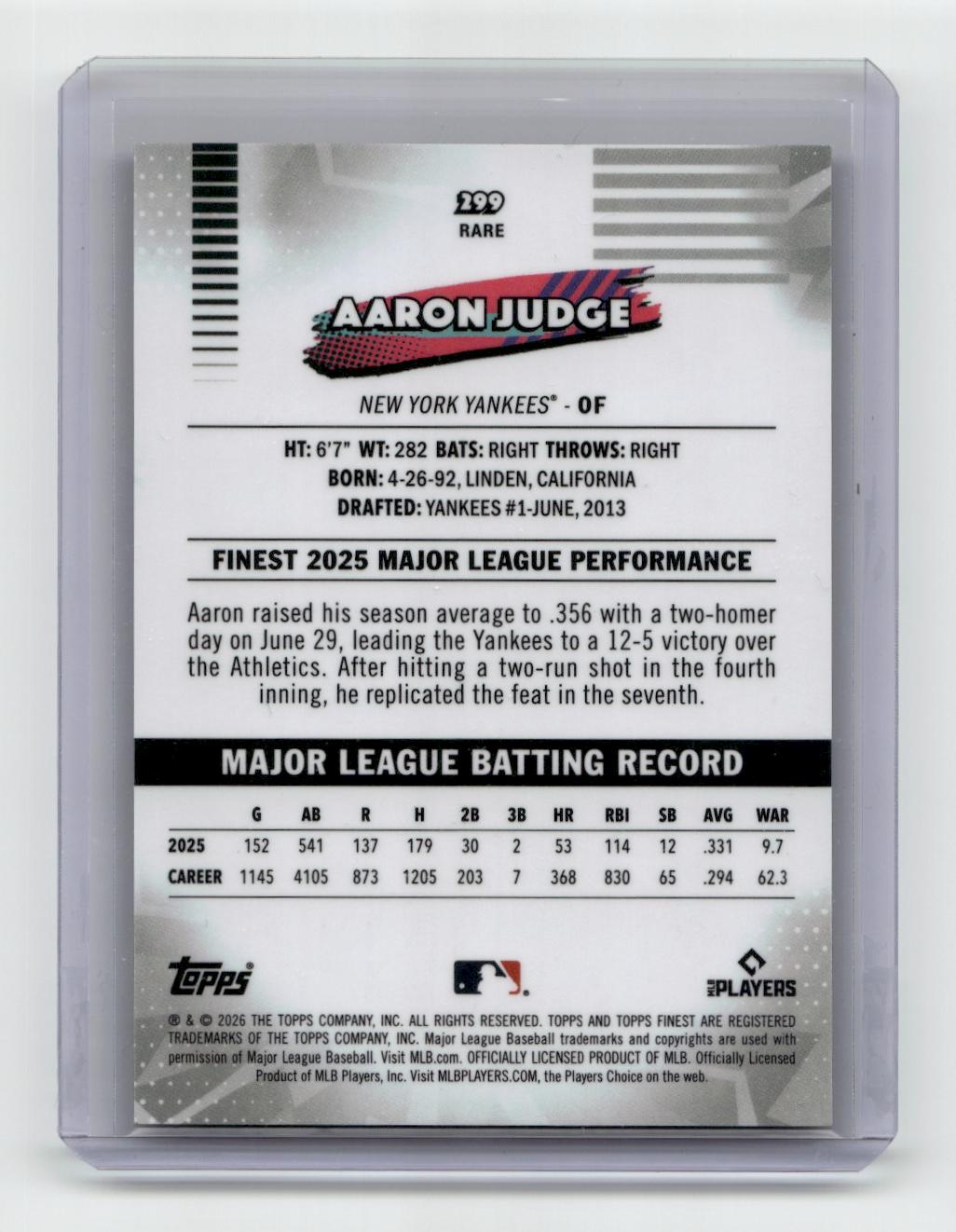 2026 Finest #299 Aaron Judge Black Refractors #/10