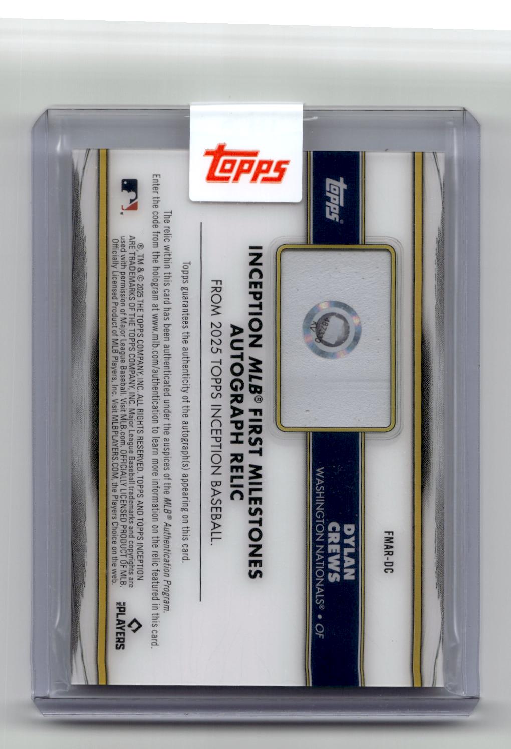 2025 Topps Inception #FMAR-DC Dylan Crews MLB First Milestone Autograph Relics