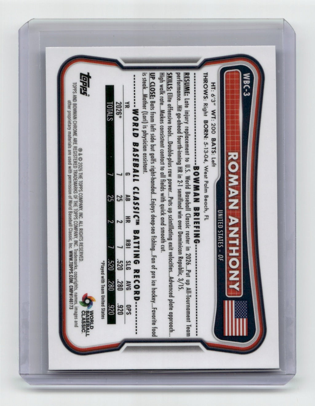 2026 Bowman Chrome #WBC-3 Roman Anthony WBC Flag Blue Refractor #/150