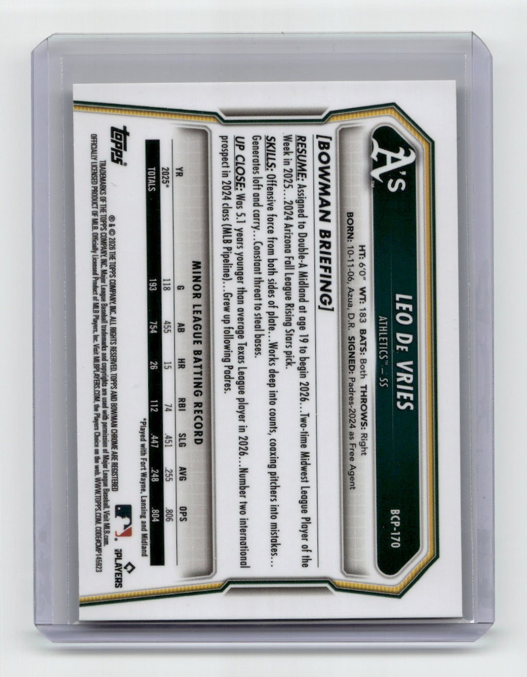 2026 Bowman Chrome #BCP-170 Leo De Vries Prospects Yellow Refractor #/75