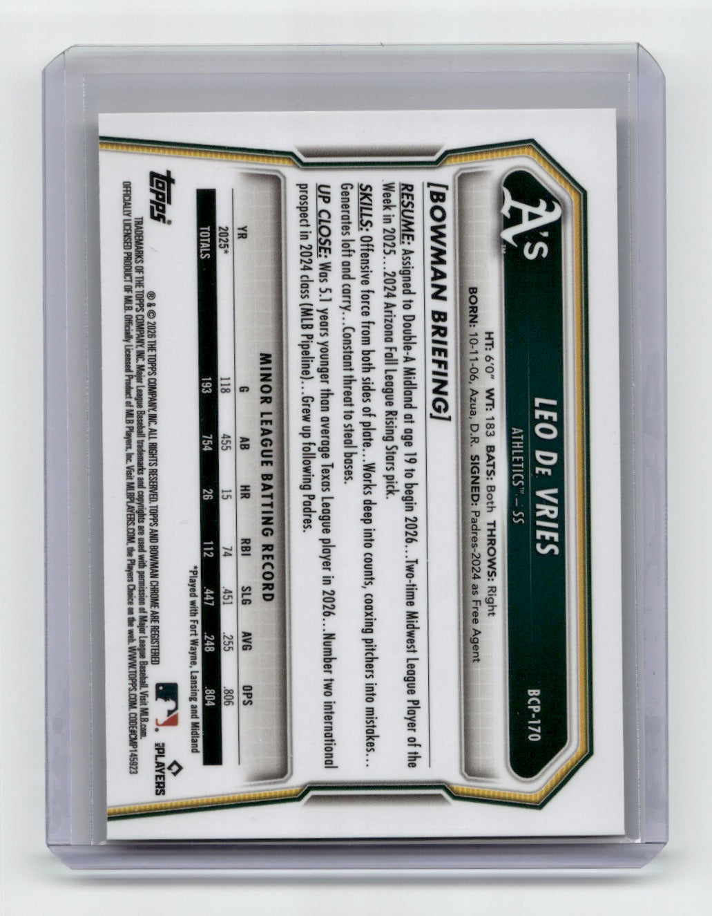2026 Bowman Chrome #BCP-170 Leo De Vries Prospects Yellow Refractor #/75