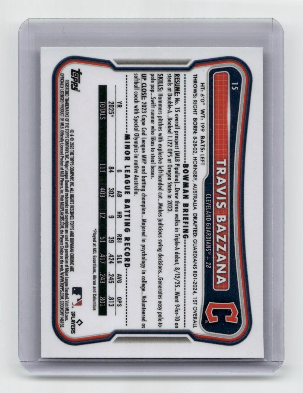 2026 Bowman Chrome #15b Travis Bazzana : Rookie Red RC Variation