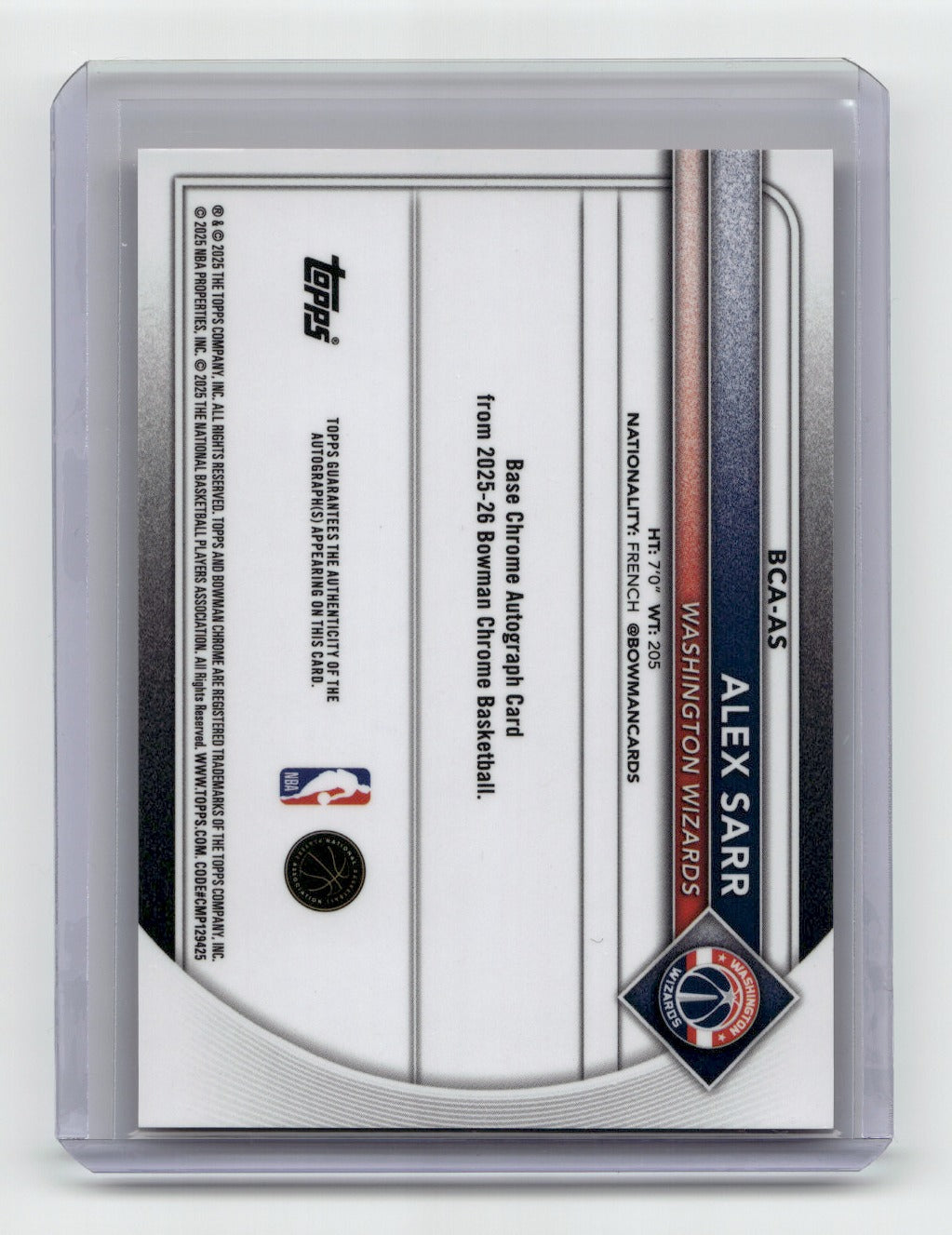 2025-26 Bowman #BCA-AS Alex Sarr Chrome Autographs Orange Refractor #/25