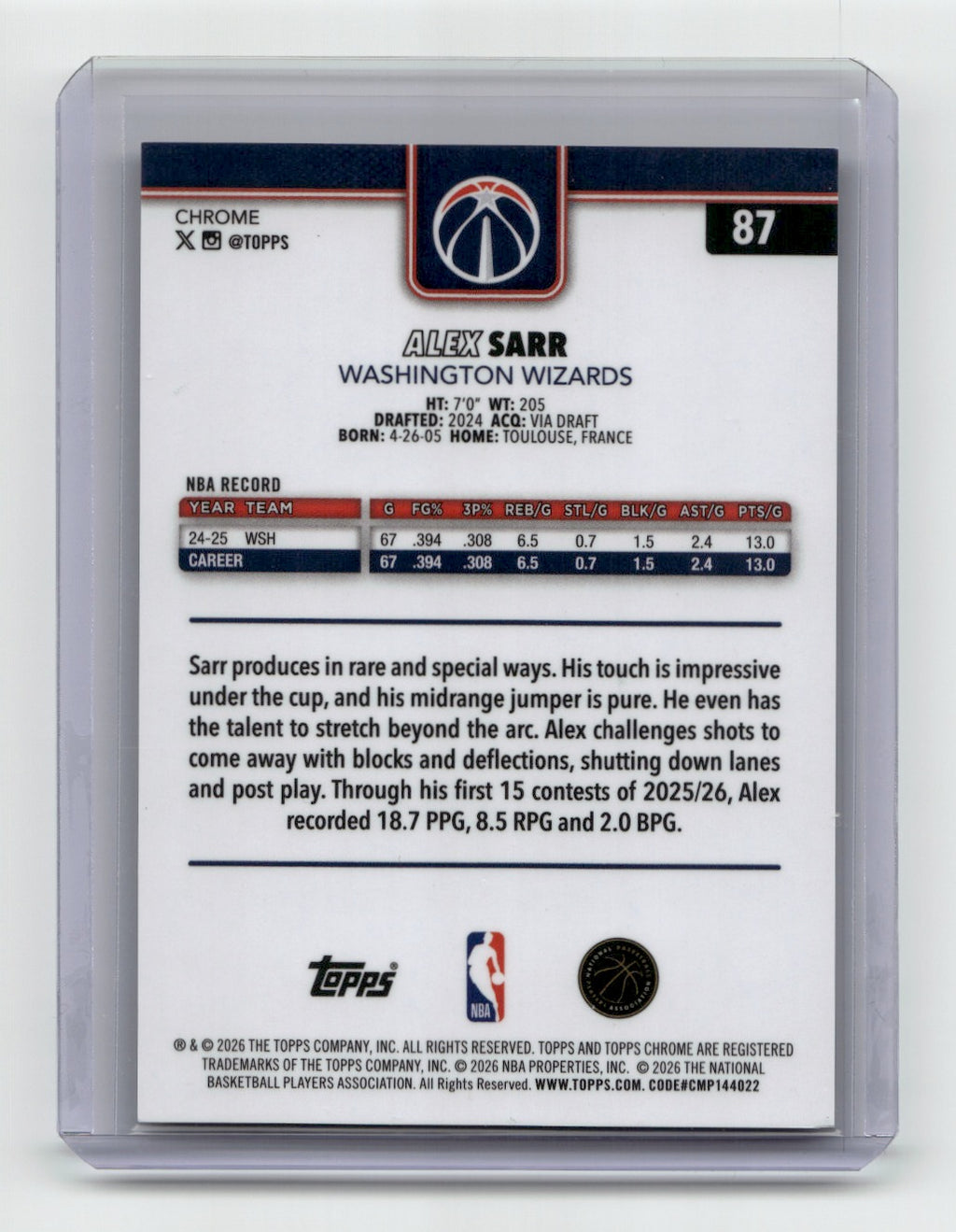 2025-26 Topps Chrome Update Sapphire #TCA-AS Alex Sarr Autographs Black /10