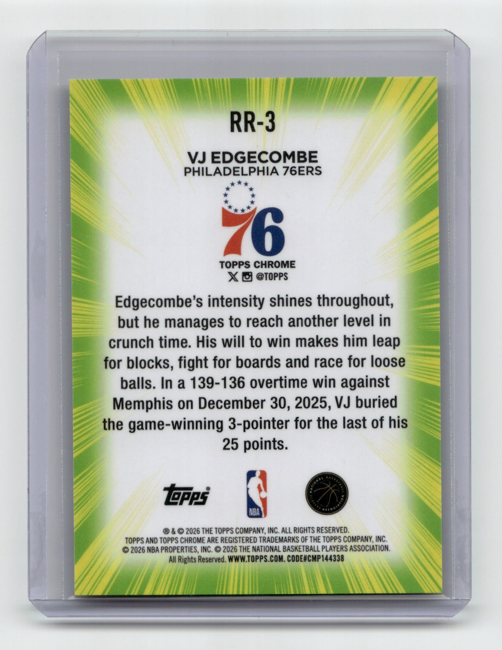 2025-26 Topps Chrome Update #RR-3 VJ Edgecombe Radiating Rookies